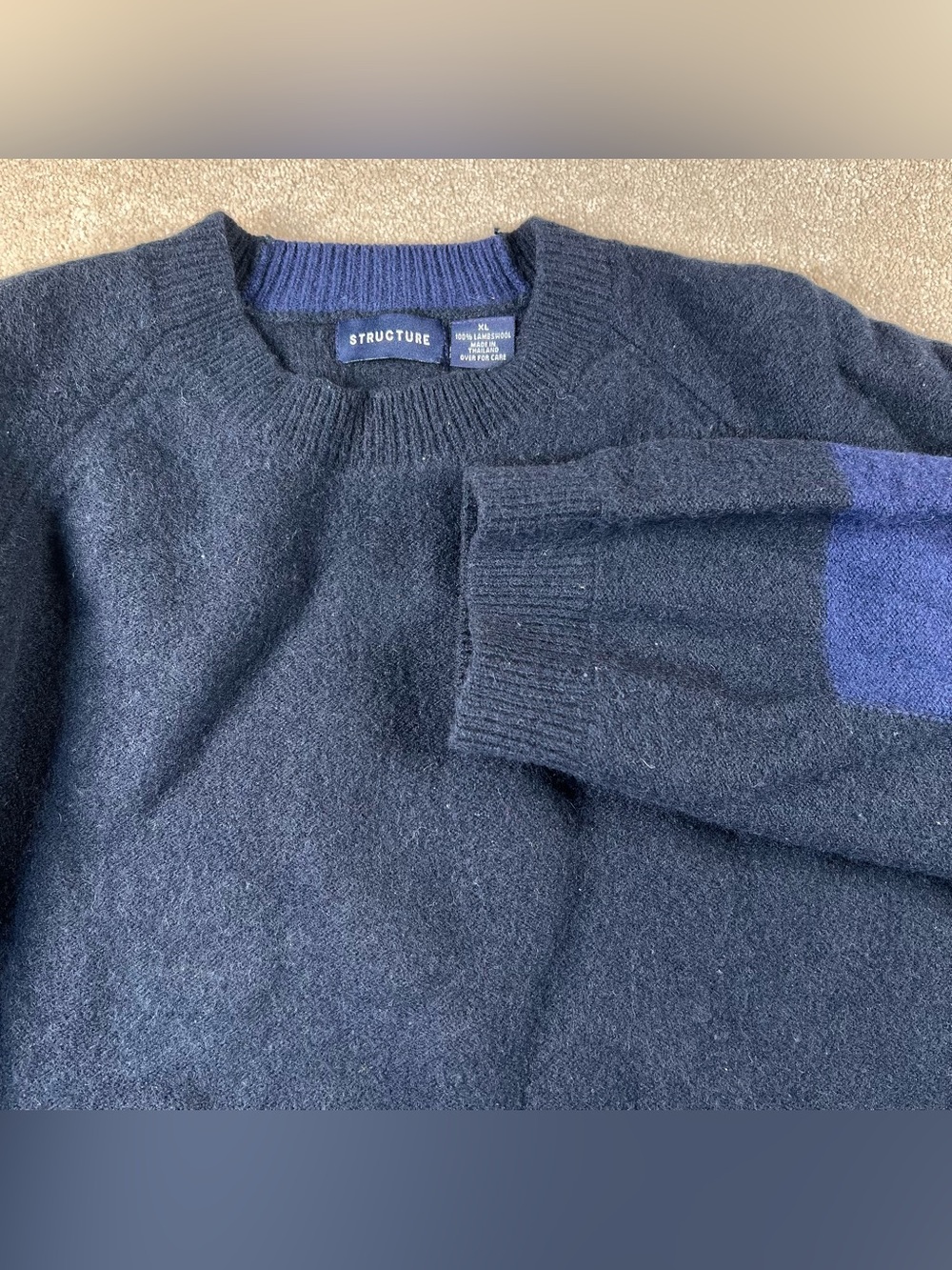 Structure Lambswool Vintage Sweater Crew Dark Blue Color Block Elbow Mens XLarge